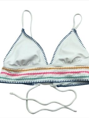 No Boundaries Bikini Top Removable Cups Crochet Lace Up White Colorful L